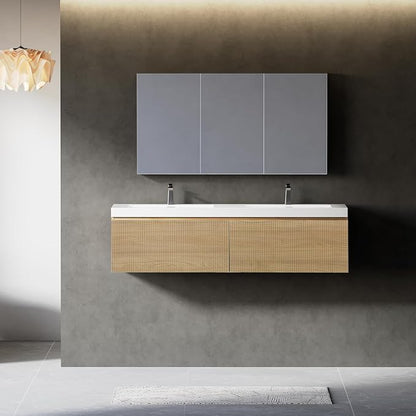60" Floating Bathroom Vanity with Double Sink, Wall-Mounted Modern Oak Storage Cabinet, Wave-Textured Soft-Close Drawer & Glossy White Solid Surface Basin, Natural Oak