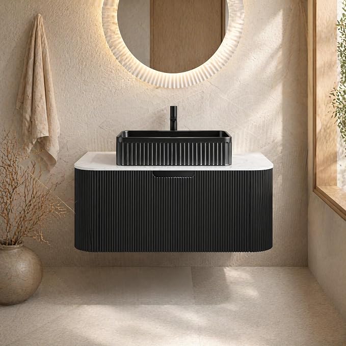 36 Inch Bathroom Vanity with Sink, Floating Wall Mounted Single Sink Vanity, Black Curved Fluted Front, Stone Top, Black Textured Rectangular Vessel Basin, Pre-Assembled