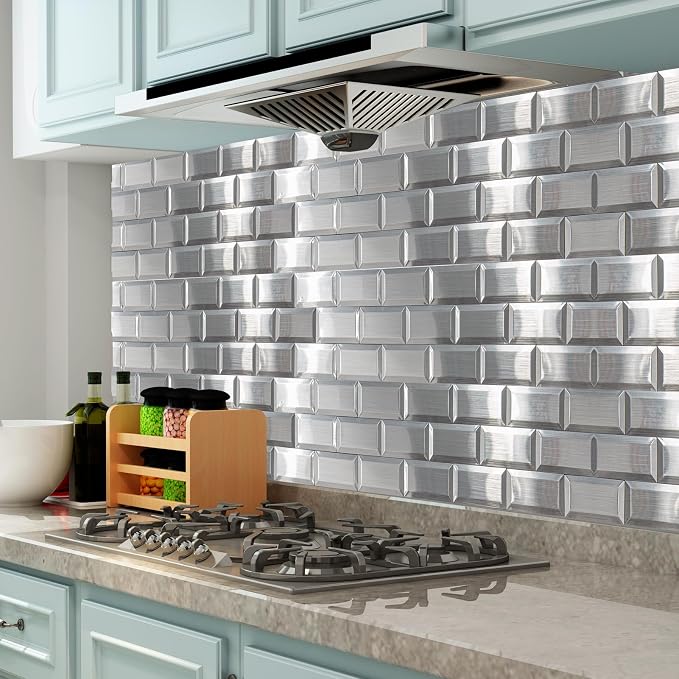 Art3d 100 Pcs Peel and Stick Backsplash Tiles, 3D Textured Metal Stick On Subway Wall Tiles for Kitchen Back Splashes, Bathroom, Laundry Room, 3 x 6 Inch, Stainless (Pack of 2)