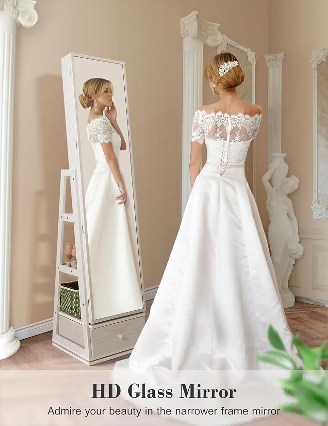 Nicetree 360° Swivel Jewelry Cabinet with Lights, Full Length Mirror, Lock | Standing Mirror Jewelry Cabinet, Lockable Mirror with Storage, Lighted Interior Mirror, Shelves, Flip-over Shelf, Grain White