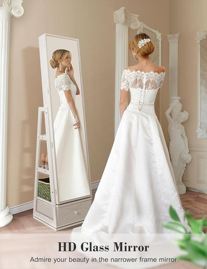 Nicetree 360° Swivel Jewelry Cabinet with Lights, Full Length Mirror, Lock | Standing Mirror Jewelry Cabinet, Lockable Mirror with Storage, Lighted Interior Mirror, Shelves, Flip-over Shelf, Grain White