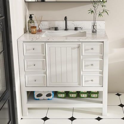 Montary 36" Bathroom Vanity with 37" Artificial Marble Carrara White Top, Modern Stylish MDF Bathroom Storage Cabinet, Freestanding Vanity Set with One Cabinet & 3 Drawers, White (Three Holes)
