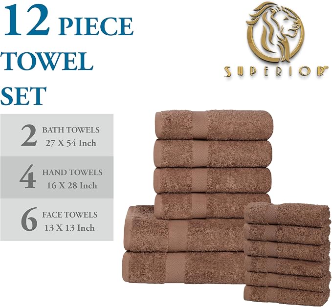 Superior 12-Piece Cotton Assorted Towel Set, Includes 6 Face Towel, 4 Hand, and 2 Bath Towels, Home, Bathroom, Guest Bath Essentials, Quick Dry, Absorbent, Franklin Collection - Latte