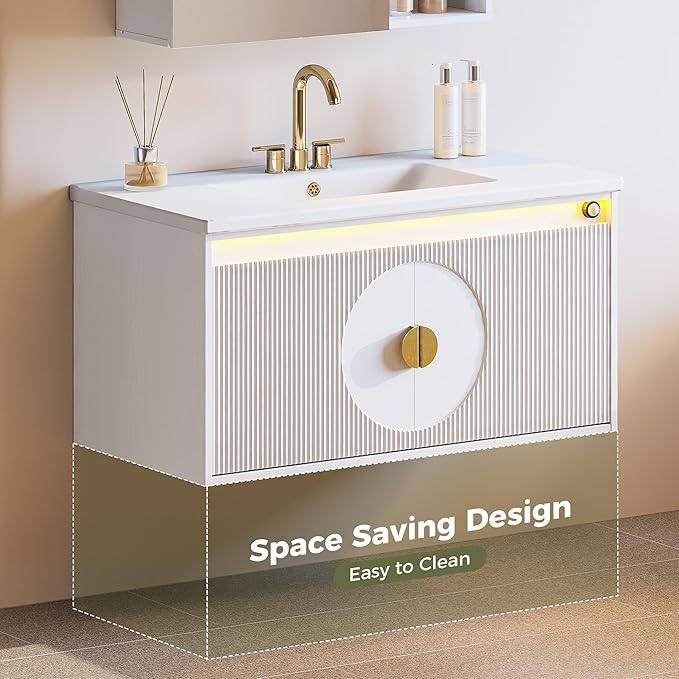 IRONCK Floating Bathroom Vanity with Sink, Mirror Medicine Cabinet, LED Strip Light, 36 Inches Modern Wall Mounted Sink Cabinets & Mirror Cabinets Set with Large Storage Space, White