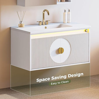 IRONCK Floating Bathroom Vanity with Sink, Mirror Medicine Cabinet, LED Strip Light, 36 Inches Modern Wall Mounted Sink Cabinets & Mirror Cabinets Set with Large Storage Space, White
