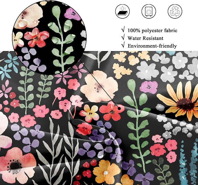 Small Stall Narrow Half Single Floral Stand Up Bathroom Shower Curtain Set | 36"W x 72"H Black Leaves; waterproof HD print, quick-dry fabric with 12 hooks for easy hanging.