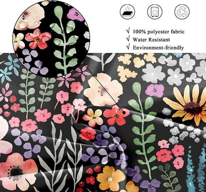 Small Stall Narrow Half Single Floral Stand Up Bathroom Shower Curtain Set | 36"W x 72"H Black Leaves; waterproof HD print, quick-dry fabric with 12 hooks for easy hanging.
