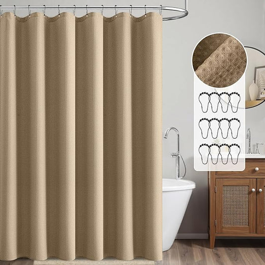 MIULEE Waffle Weave Fabric Shower Bath Curtain with 12 Metal Hooks 260GSM Heavy Duty Washable Waterproof Narrow Thick Cloth Shower Curtains Set for Bathroom Hotel, W72*L72, Khaki