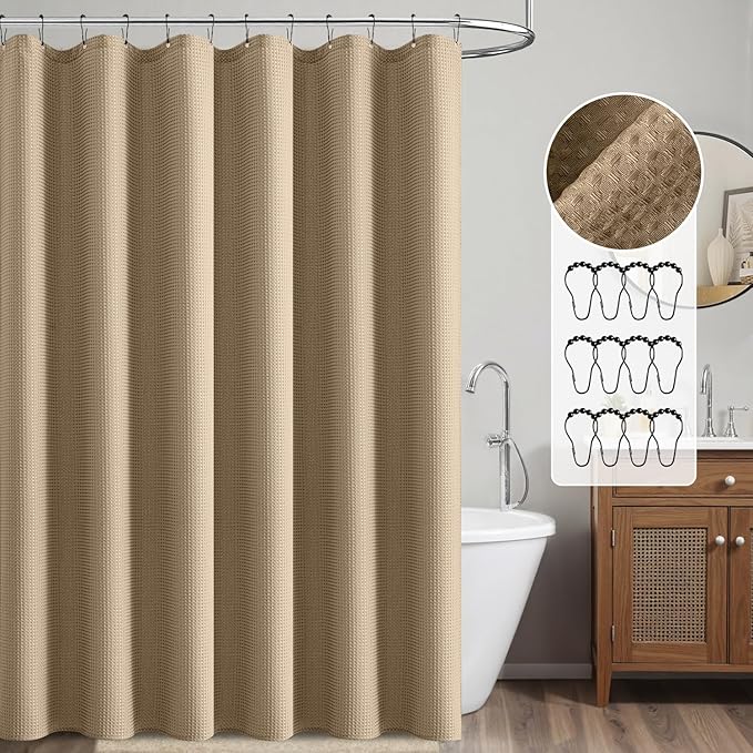 MIULEE Extra Long Waffle Weave Shower Bath Curtain 84 Inch Long with 12 Metal Hooks Modern Washable 260GSM Heavy Fabric Waterproof Thick Cloth Shower Curtains Set for Bathroom Bathtub, Khaki