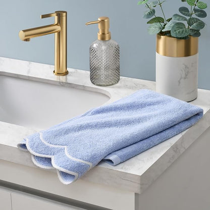 Peri Home 100% Cotton Hand Towel, 16" x 27", Blue with White Scallop, 1-Pc | Bathroom, Embroidered, Soft & Absorbent