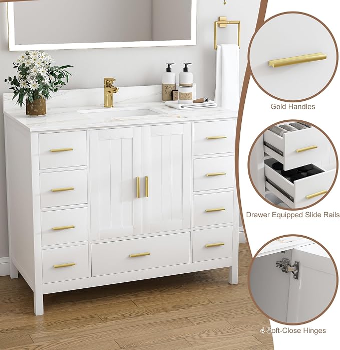 42 Inch Bathroom Vanity with Sink&Countertop,Calacatta Gold Sintered Stone Vanity Top with Sink&Backsplash,White Bathroom Cabinet Set with 2 Doors and 9 Drawer(Single Hole)