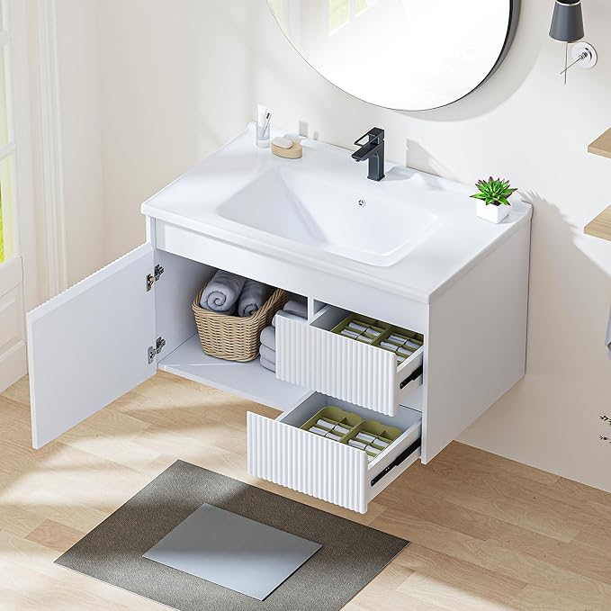 Floating Bathroom Vanity with Sink, 32 Inch Wall Mounted Bathroom Vanity with 2 Drawers and Wave-Carved Design Door, Modern Wooden Cabinet with Ceramic Sink and Storage, White