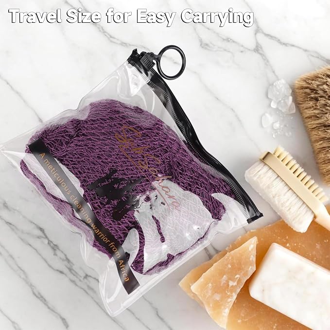 Authentic African Net Sponge, 2 Pack 45-Inch Exfoliating Bath Sponge and Shower Loofah for Body and Back, Colorfast Quick-Dry Knotted Mesh Scrubber with Travel Pouch (Berry & Sage Green)