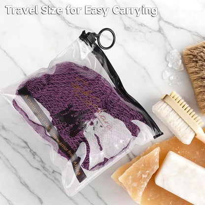 Authentic African Net Sponge, 2 Pack 45-Inch Exfoliating Bath Sponge and Shower Loofah for Body and Back, Colorfast Quick-Dry Knotted Mesh Scrubber with Travel Pouch (Berry & Sage Green)