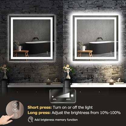 Hivone 36"X36" LED Bathroom Mirror with Lights, Anti-Fog, Dimmable, Backlit + Front Lit, Smart Bathroom Vanity Mirror, Memory Function, Shatterproof, Tempered Glass (Horizontal/Vertical)