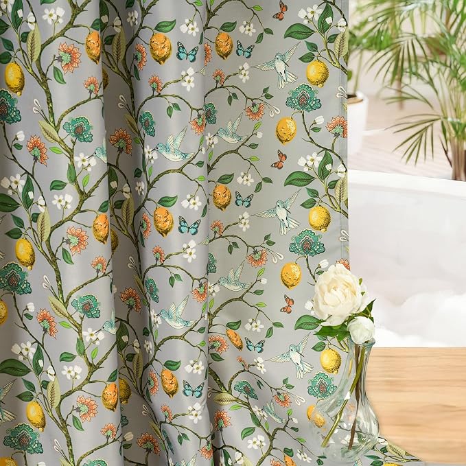 Grey Floral Bird Shower Curtain 72x72, Hummingbird and Lemon Botanical Fabric Bath Curtains, Lightweight Quick-Dry Bathroom Decor Set with Hooks