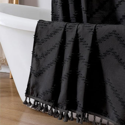 Extra Long Black Boho Shower Curtain, Chic Tufted Chevron Striped Textured Fabric Cloth Shower Curtains with Tassel for Bathroom, Soft Hotel Style Farmhouse, Machine Washable, 72x84