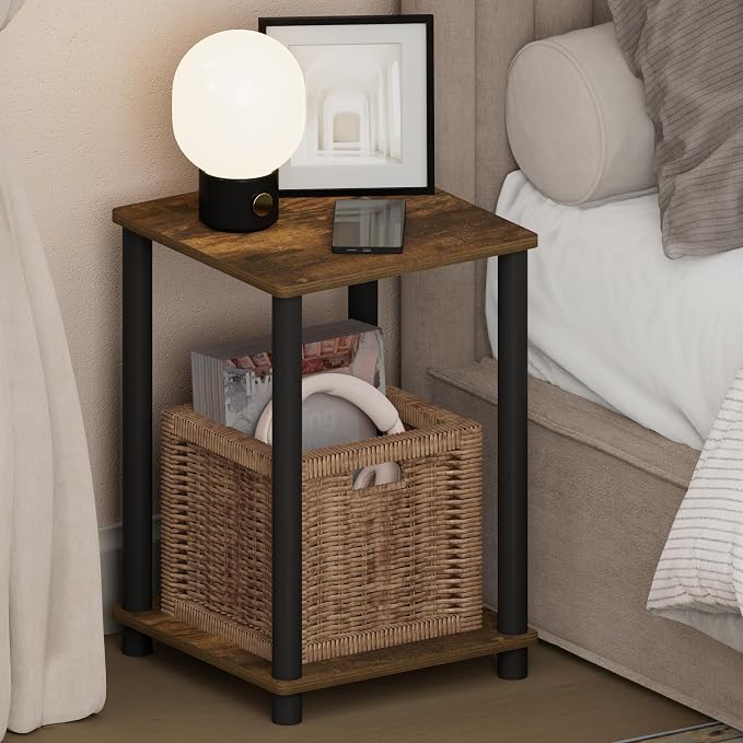 Furinno Turn-N-Tube Night Stand, 2-Tier Open Shelf Design Nightstand, Toolless Square Bedside Table, End Table, Side Table, for Bedroom, Closet, Dorm, Amber Pine