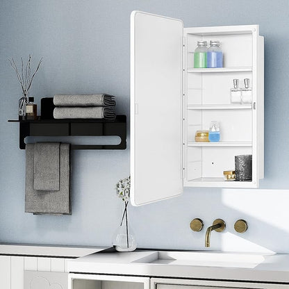 Fundin White Plastic Medicine Cabinet, Mirror Door with Round Corner Metal Frame, Recessed and Surface Mount Bathroom Wall Medicine Cabinet, 16 x 28 inch Mirror Size