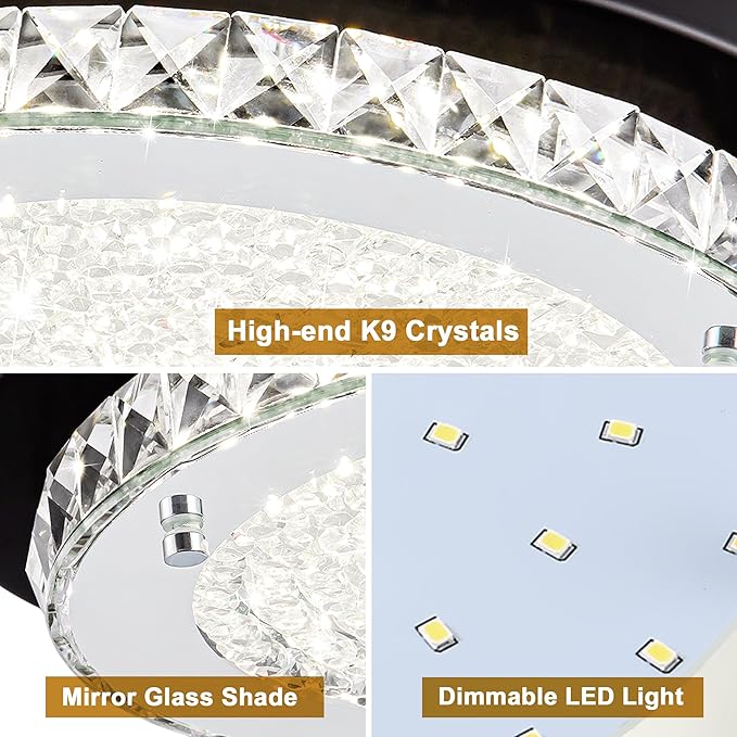Flush Mount Ceiling Light LED Crystal Bathroom Light Fixture Small 10 Inch Dimmable Hallway Lighting Black Modern Foyer Ceiling Lights for Entryway Laundry Room Mini Kitchen Ceiling Light