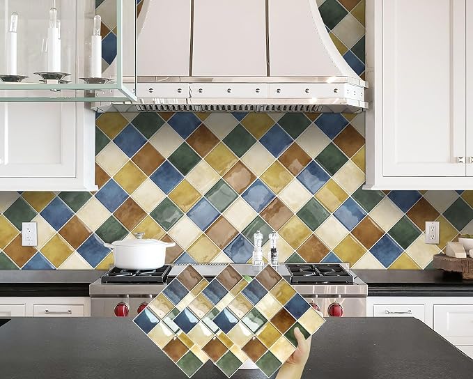 DEWOO Peel and Stick Backsplash Self Adhesive Wall Tiles Colourful 10-Sheet | Checkered,Square,Sticky,for Kitchen,Bathroom,Laundry,Sink,12"×12"