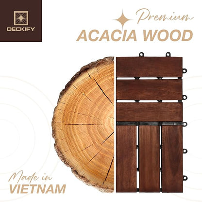 Acacia Wood Interlocking Deck Tiles Outdoor Flooring for Patio, Balcony | Raised Drainage Base, 12x12 In, Trimmable, Oil-Rubbed Finish, No Tools or Sealant Required, Weather-Resistant, Washable
