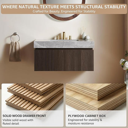 30” Floating Bathroom Vanity with Sink, Wall-Mounted Cabinet with Drawer & Doors, Gray Travertine-Pattern Sintered Stone Top, Undermount Basin, 3 Faucet Hole, Soft-Close, Pre-Assembled, Dark Oak