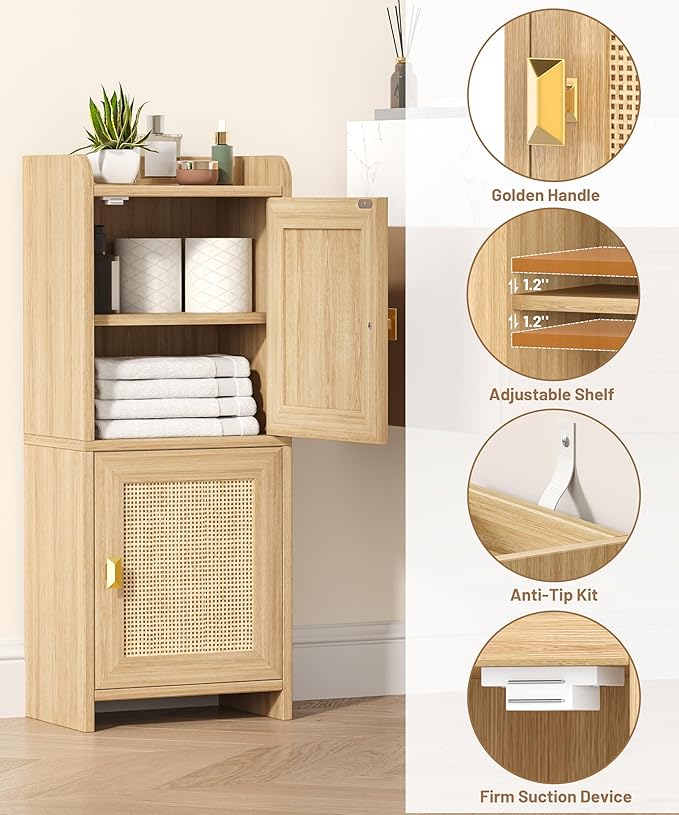 Rattan Small Bathroom Cabinet with 2 Doors, 7.9''D x 11.8''W Narrow Toilet Paper Storage Cabinet, Bathroom Organizer for Small Space, Wooden Slim Corner Unit with Adjustable Shelf, Natural Oak