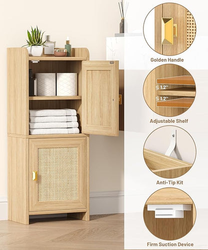 Rattan Small Bathroom Cabinet with 2 Doors, 7.9''D x 11.8''W Narrow Toilet Paper Storage Cabinet, Bathroom Organizer for Small Space, Wooden Slim Corner Unit with Adjustable Shelf, Natural Oak