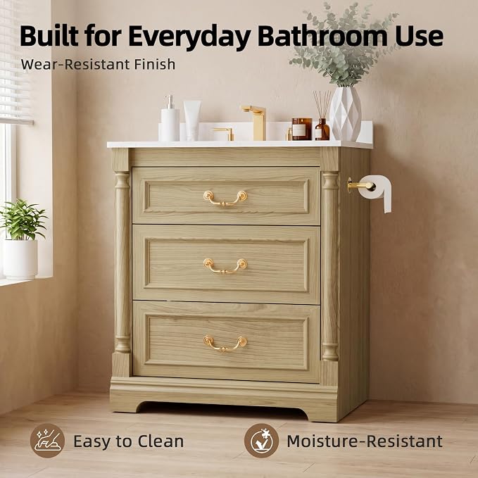 YESHOMY 30" Bathroom Vanity with Sink, Marble-Look Countertop, Natural Wood | Freestanding Storage Cabinet with Ceramic Basin, Tilt-Out Drawer and Additional Drawers for Bathroom