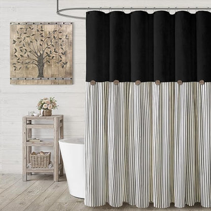 Farmhouse Shower Curtain Button Black-Black Stripe 72" W x 78" L | Farmhouse Style, Chic Button, Striped, Linen Fabric, Rustic, Country, Natural Look, Washable, for Bathroom Bathtub