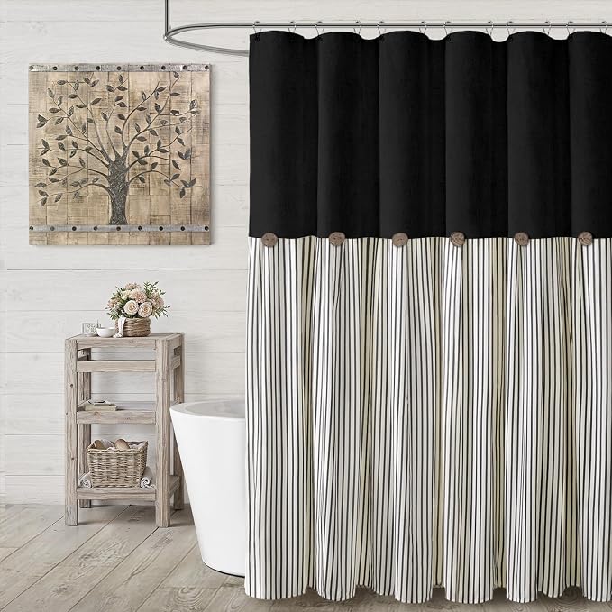 Farmhouse Shower Curtain Button Black-Black Stripe 72" W x 72" L | Farmhouse Style, Chic Button, Striped, Linen Fabric, Rustic, Country, Natural Look, Washable, for Bathroom Bathtub