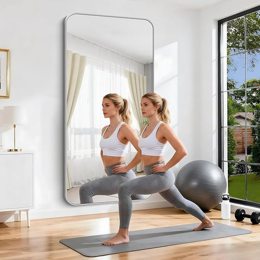 Silver Bathroom Mirror, 72 x 36 Inch Large Rectangle Mirror, Rectangular Vanity Mirror Aluminum Metal Frame, Rounded Corner Wall Mirror for Living Room Bedroom Entryway Horizontal/Vertical
