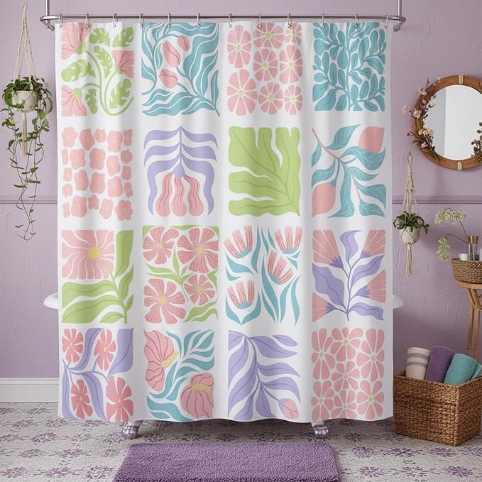JAWO Blue Cute Boho Floral Shower Curtain, Colorful Abstract Floral Retro Aesthetic Shower Curtain for Bathroom, Funky Unique Waterproof Fabric Polyester Bath Curtains Decor with Hooks,36WX72H
