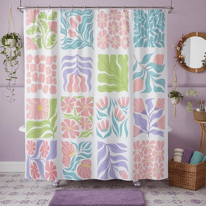 JAWO Blue Cute Boho Floral Shower Curtain, Colorful Abstract Floral Retro Aesthetic Shower Curtain for Bathroom, Funky Unique Waterproof Fabric Polyester Bath Curtains Decor with Hooks,36WX72H