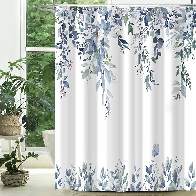 Blue Floral Eucalyptus Shower Curtain with Hooks, 72x72 Inch | Waterproof Fabric, Watercolor Leaves and Floral, Botanical Style, Machine Washable, Quick-Drying, for Hotel Bathroom