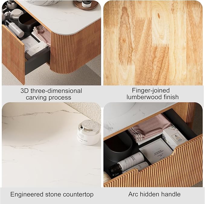 60" Floating Bathroom Vanity with Double Sink, Nature Wood | Plywood Cabinet, Single Sink, Doubel Sink, Ceramic Basin & Marble Countertop, Pre-Assembled