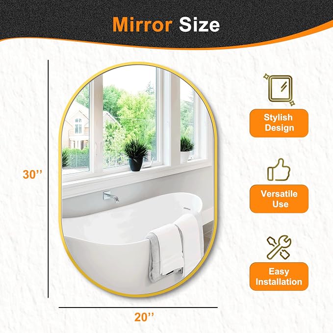30x20 Gold Oval Bathroom Mirror for Over Sink, Aluminum Frame | HD Reflection No Distortion, Aluminum Frame, Mounting Hardware for Vertical or Horizontal Mount