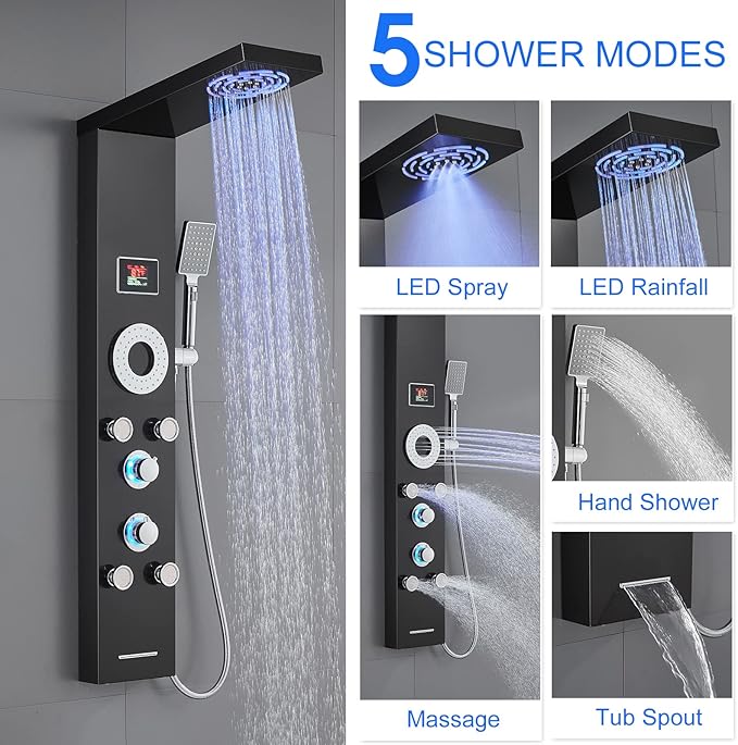LED Shower Panel Tower System, 304 Stainless Steel Bathroom Shower Tower with 3 Body Massage Jets, Shower Column Wall Mounted