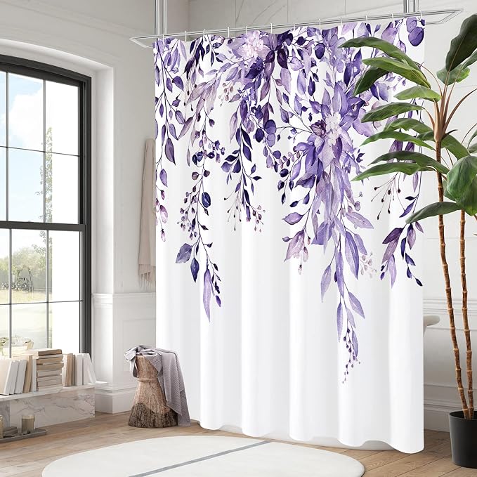 Purple Eucalyptus Shower Curtain, Watercolor Floral Print, 72x78 | Watercolor Plant Leaves Floral Print, Waterproof Fabric Bathroom Decor, Machine Washable, Rustproof Grommets