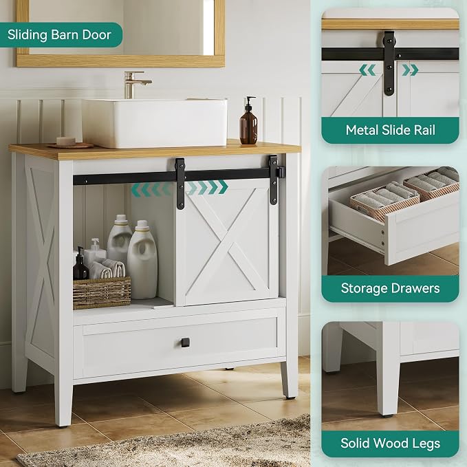 YITAHOME 36 Inch Bathroom Vanity with Ceramic Sink Basin | Sliding-Door Cabinet & 3 Drawers, Farmhouse Vanity for Bathroom