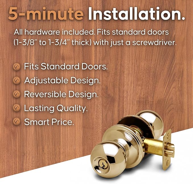 Copper Creek Entry Door Knob – Keyed Entry Handle with Lock and Key, ANSI Grade-3 Certified, DIY-Friendly Install for Interior and Exterior Entrance Doors – Polished Brass (1 Pack)