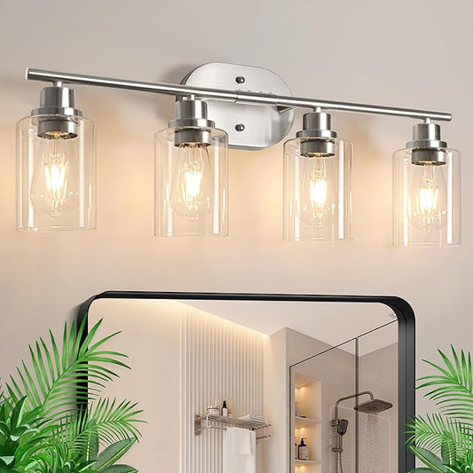 Ascher 4-Light Bathroom Light Fixtures, Modern Vanity Lights with Clear Glass Shade, Brushed Nickel Wall Lamp for Bathroom Mirror Hallway Cabinet Porch