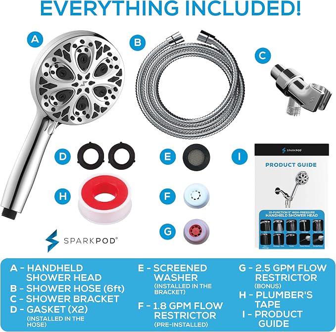 SparkPod 10-Mode Handheld Shower Head, 5 Inch, Polished Chrome Finish | Power Jet Spray, ABS Body Won't Rust, 6 ft. Stainless Hose, Touch-to-Clean Nozzles