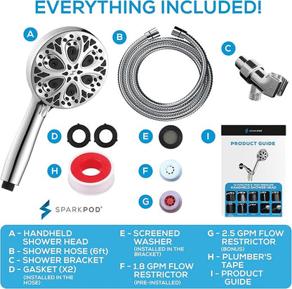 SparkPod 10-Mode Handheld Shower Head, 5 Inch, Polished Chrome Finish | Power Jet Spray, ABS Body Won't Rust, 6 ft. Stainless Hose, Touch-to-Clean Nozzles