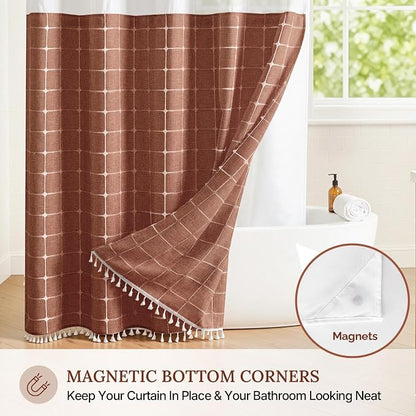 RiverDream Farmhouse No Hook Shower Curtain with Snap-in Liner,Orange,71x74 | Snap on Fabric Liner,Heavy Duty,Quick Dry,Mesh Top Window,With Bottom Magnets,Washable,with Tassels,Standard Size