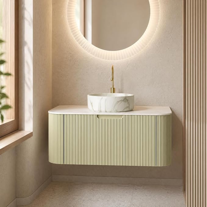36 Inch Bathroom Vanity with Sink, Floating Wall Mounted Single Sink Vanity, Sage Green Curved Fluted Front, Stone Top, Marble-Look Round Vessel Basin, Pre-Assembled