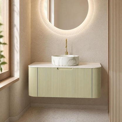 36 Inch Bathroom Vanity with Sink, Floating Wall Mounted Single Sink Vanity, Sage Green Curved Fluted Front, Stone Top, Marble-Look Round Vessel Basin, Pre-Assembled