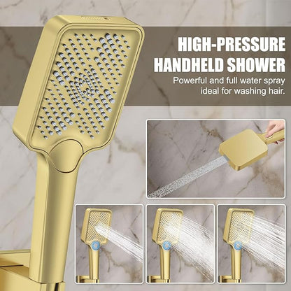 Shower System 12IN Modern Rain Brass Faucet Set With Valve and Diverter Shower Mixer With Handheld High Pressure Square Rainfall Shower Valve (12'' Ceiling Mount, Brushed Gold)