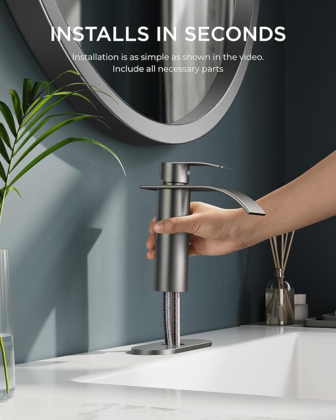 FORIOUS Waterfall Bathroom Faucet 1 Hole, Brushed Nickel Single Handle Bathroom Sink Faucets for 1 or 3 Hole with Deck Plate, Metal Pop up Drain, cUPC Hoses for Vanity, Basin, Rv, Lavatory Sink